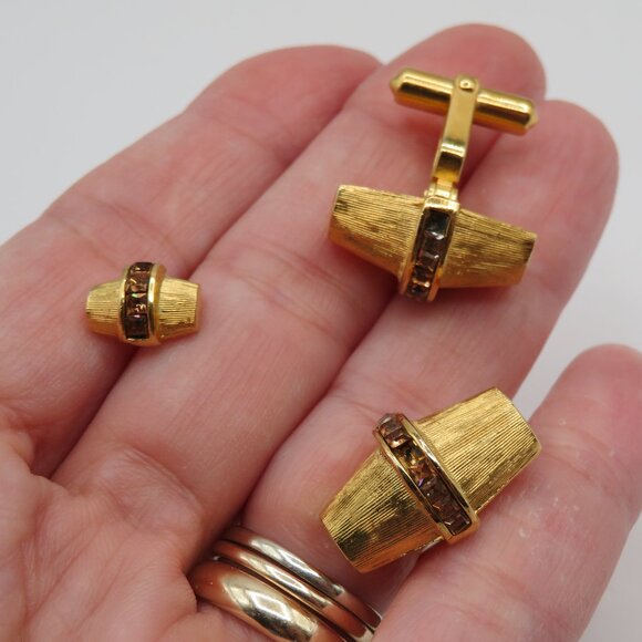 Christian Dior Vintage Art Deco Cufflinks and Tie Tac Set Gold Tone Rhinestone - Picture 9 of 11